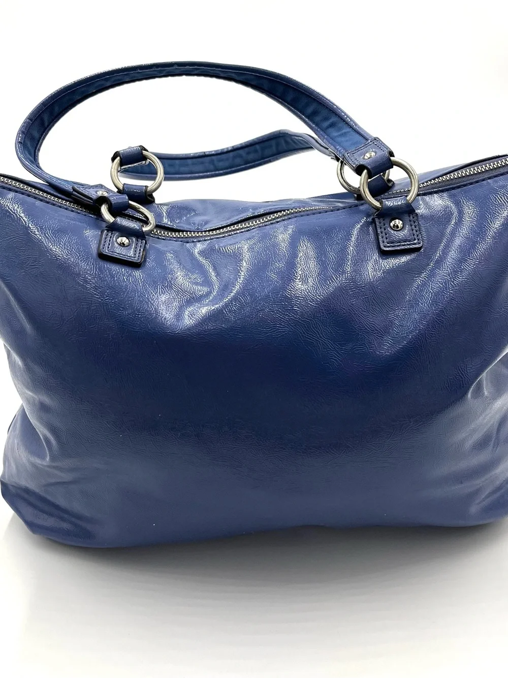 COACH Blue Poppy Daisy Liquid Gloss Paten Leather Hand Bag - Picture 3 of 11